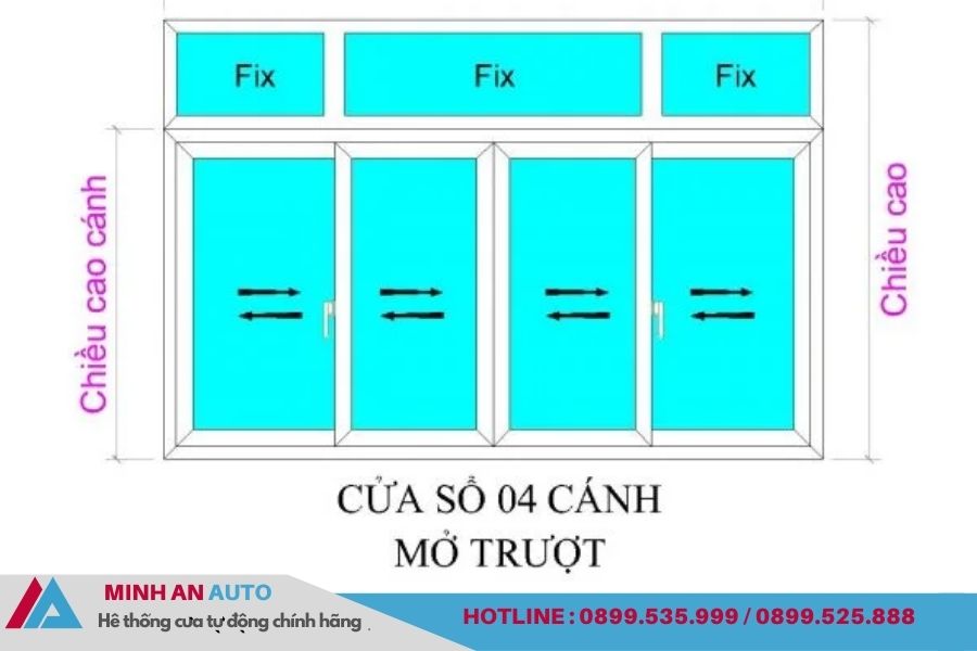 Bản vẽ cửa sổ 4 cánh mở trượt có ô cố định